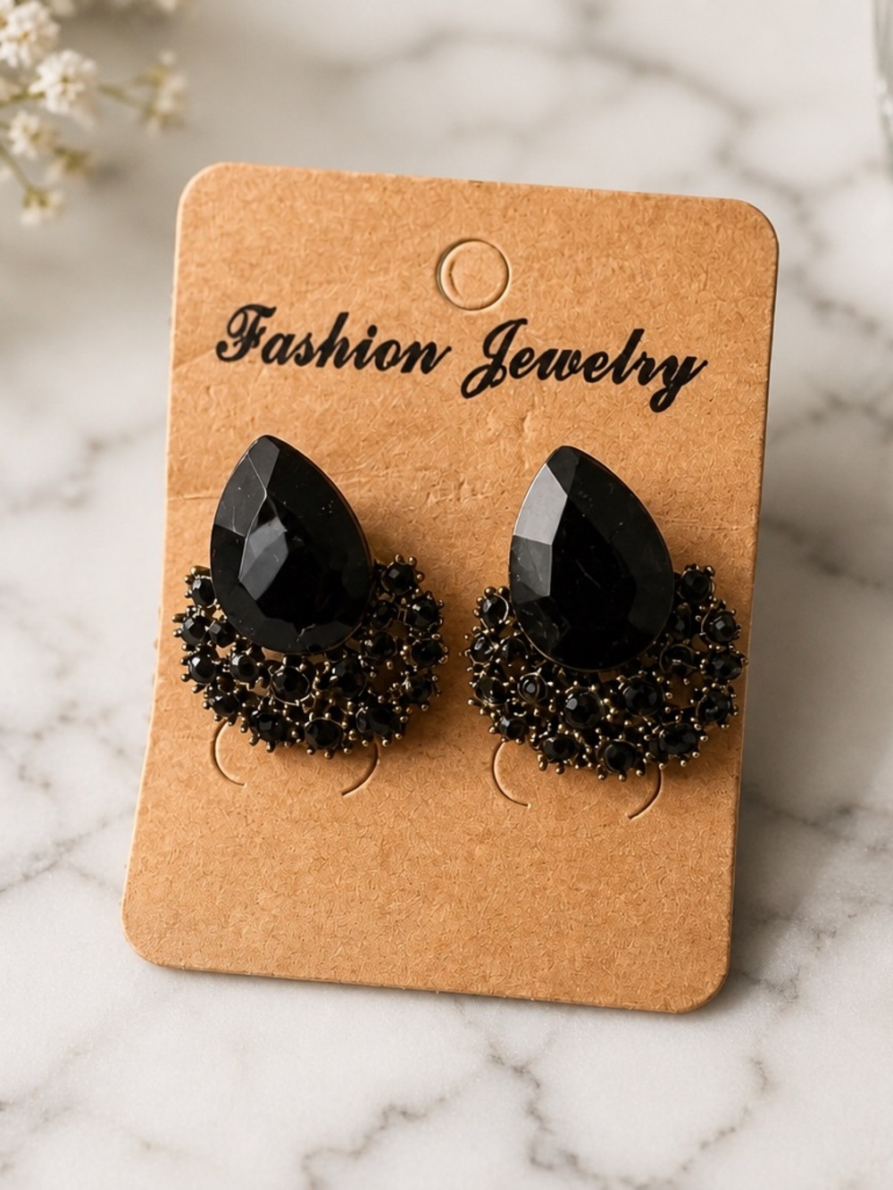 Fashion Jewelry Black Faceted Teardrop Cluster Earrings